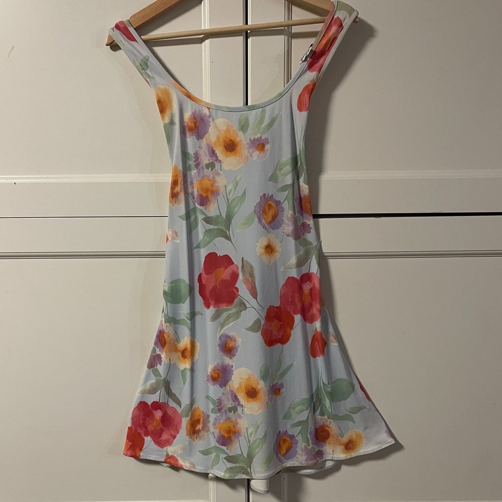 Michel Stephen Paris Floral Mini Dress Blue Red Watercolor Criss Cross Back M